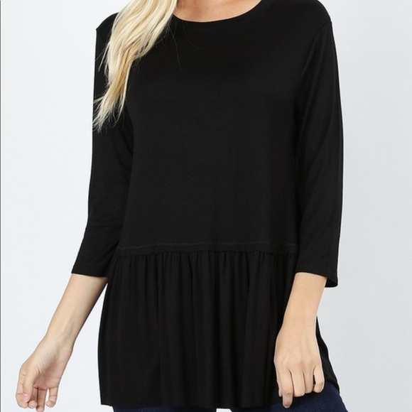 Black Drop waist Pleated 3/4 Sleeve Top - Picture 2 of 2